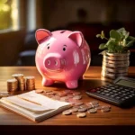"Cofrinho rosa com moedas ao lado de notas de dinheiro e uma calculadora, simbolizando economia mensal."