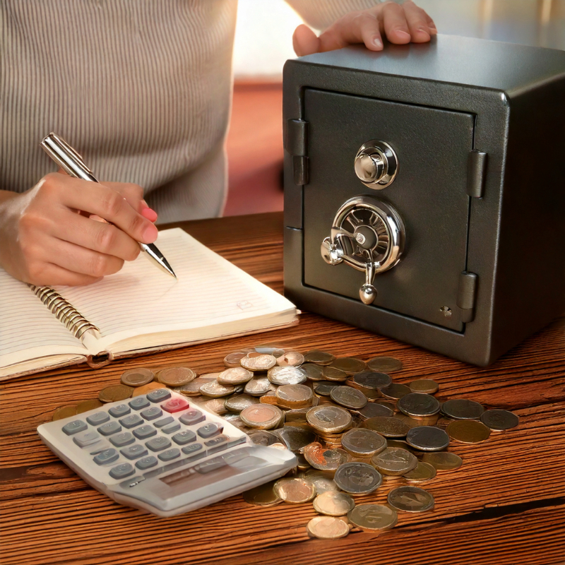 "Cofrinho com moedas, caderno de planejamento financeiro e calculadora, representando a construção de um fundo de emergência."